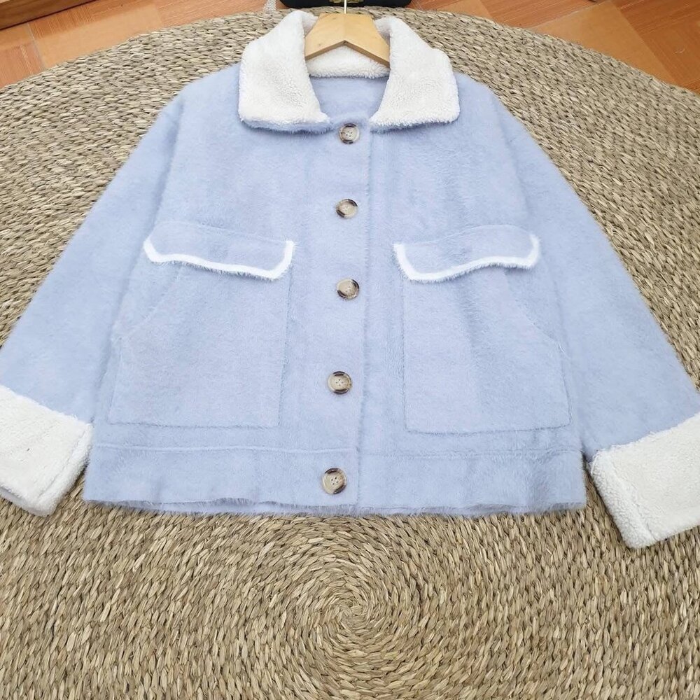 Baby Blue Sherpa Collar Fluffy Coat White Trim Button Jacket